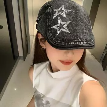 Вымытые и состаренные звезды, джинсовая шляпа-кепка, женские модели на весну и осень, японский ретро-берет, защищающий от ношения, универсальная шляпа для газетчиков Adjustable [56-58cm]