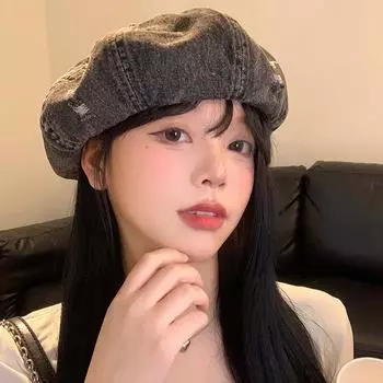 Вымытый и состаренный и сломанный ковбойский берет женский шляпа художника-бутона универсальная и показывающая лицо маленькая шляпа прилив average size чёрный