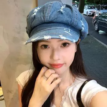Вымытый и состаренный, порванный джинсовый берет-облако для женщин, летний тонкий корейский нишевый маленький звездчатый анисовый берет прилив M56-58cm средний синий