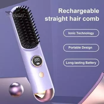 Выпрямитель для волос Щетка ЖК-дисплей 9 температур Регулируемый быстрый нагрев Перезаряжаемый беспроводной отрицательные ионы Горячая щетка Электрическая укладка вьющихся волос фиолетовый