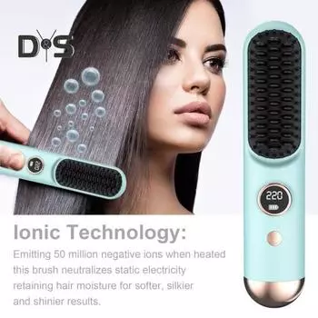 Выпрямитель для волос Щетка ЖК-дисплей 9 температур Регулируемый быстрый нагрев Перезаряжаемый беспроводной отрицательные ионы Горячая щетка Электрическая укладка вьющихся волос розовый