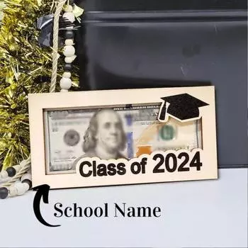 Выпускной деревянный держатель для денег Класс 2024 Кошелек для выпускников Ящик для хранения наличных Конверт Фоторамка Подарок для денег Выпускная вечеринка Украшение рабочего стола чёрный