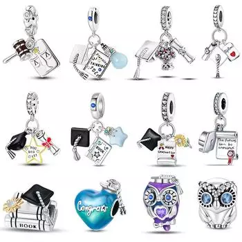 Выпускной Серия 925 Чистого Серебра Шляпа Бакалавра Сертификат Цветы Шармы Бусины Подходит Pandora Оригинальные Браслеты DIY Ювелирные Изделия