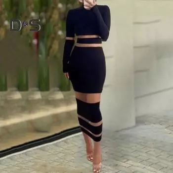 Выпускной вечер Женское платье с открытыми плечами Длинный рукав Обтягивающее плиссированное сетчатое пэчворк V-образный вырез Длина до середины икры Узкая талия Облегающее мягкое женское платье Осень-весна Миди L красный