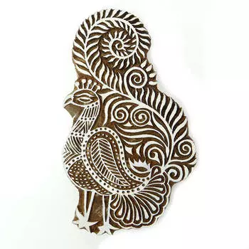 Вырезанная вручную индийская павлиновая деревянная печать для вырезок из текстиля 8 x 4.7 Inches