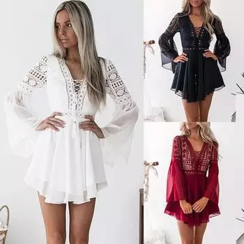 Вырезанное шифоновое платье Женское платье Кружевное кружевное платье с V-образным вырезом и длинным рукавом S чёрный