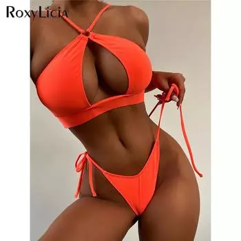 Вырезанный Холтер Бикини Женский Купальник Женский Купальники Из Двух Частей Комплект Бикини Мягкие Ремешки Купальник Купальный Костюм Плавать Леди S чёрный