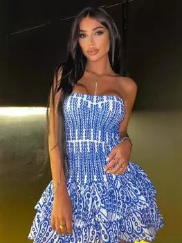 Вырезанный многослойный подол сексуальное платье для женщин без бретелек без рукавов с открытыми плечами высокая талия мини платья женская одежда S синий
