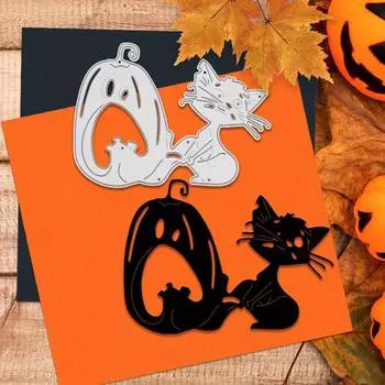 Вырубной штамп для тыквы «Кот на Хэллоуин» — металлический/силиконовый трафарет для самостоятельного изготовления клип-арта серебряный