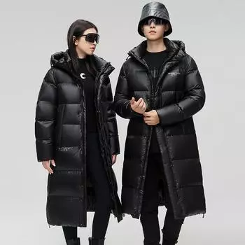 Выше колена, черный, золотой, стильный пуховик с капюшоном для пар, экстремально холодный, новый зимний стиль, утолщенный пуховик для мужчин и женщин M чёрный