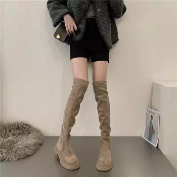 Выше колена ковбойские сапоги женские дизайнерские туфли на платформе модные меховые замшевые танкетки высокие сапоги мотоциклетная обувь Botas De Mujer 35