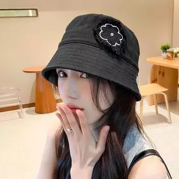 Вышитая цветочная шляпа-ведро для девочек, чтобы показать свое лицо весной и летом, шляпа-ведро для улицы, корейская версия шляпы-ведро, 56-58cm чёрный