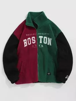 Вышитая двухцветная цветная молния-молния из искусственной овчины с пушистым воротником-молнией M зелёный