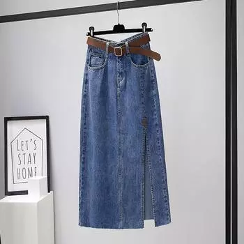 Вышитая джинсовая юбка с высокой талией — женская, средней длины, облегающая, разрез А-силуэта, тренд осени 2023 г. M