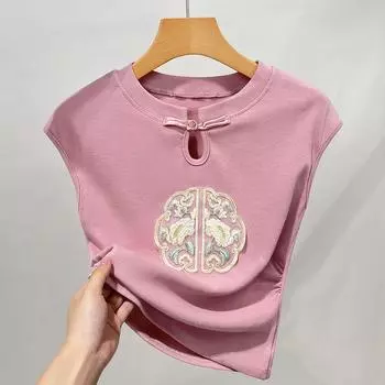 Вышитая футболка с короткими рукавами, женская новая женская одежда, новая китайская футболка на пуговицах, темпераментный плиссированный топ с рукавами-мешками S розовый