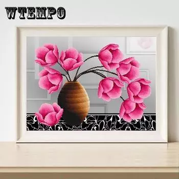 Вышитая крестом ваза для цветов Алмазная картина Полная алмазов Ресторан Кирпичная картина Полная алмазов Вышивка 40X50cm