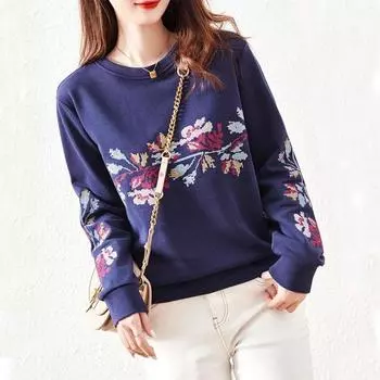 Вышитая куртка-толстовка с капюшоном для женщин, стильная и качественная корейская осенняя верхняя одежда M синий
