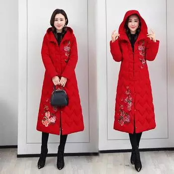Вышитая куртка в этническом стиле, женская новая зимняя хлопковая одежда, а также длинная, до колен, утолщенная хлопковая подкладка M красный