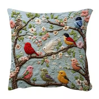 Вышитая наволочка на декоративную подушку Цветочное дерево Птица Наволочка Декоративная наволочка на подушку с молнией для гостиной Диван Диван Кровать A