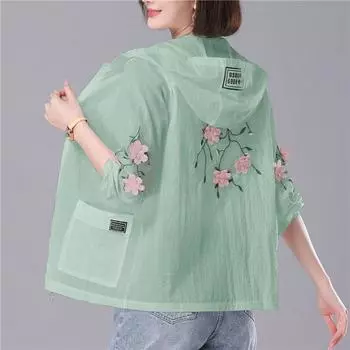 Вышитая одежда больших размеров с защитой от солнца для женщин, универсальная свободная одежда с принтом, устойчивая к ультрафиолетовому излучению, летняя одежда с длинными рукавами, дышащая, тонкая одежда для женщин M