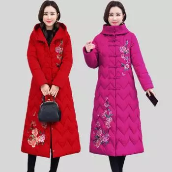 Вышитая одежда для мам на ватной подкладке с застежкой-молнией Женская средняя и длинная свободная одежда больших размеров на пуховой подкладке Зимняя одежда на ватной подкладке M 95-55kg