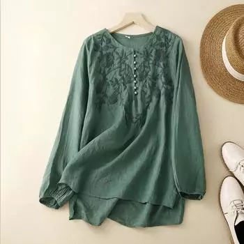 Вышитая однотонная хлопково-льняная рубашка с длинными рукавами, женская свободная литературная весенняя блузка в стиле ретро, темпераментная женская рубашка S армия зеленый