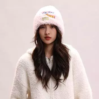 Вышитая плюшевая шапка женская осенне-зимняя большая окружность головы универсальная плюшевая утолщенная теплая и холодная защита ушей вязаная шерстяная шапка чёрный