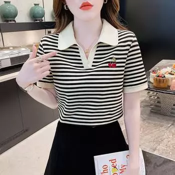 Вышитая полосатая футболка-поло с короткими рукавами для женщин на лето, новая модная тонкая женская рубашка-топ S