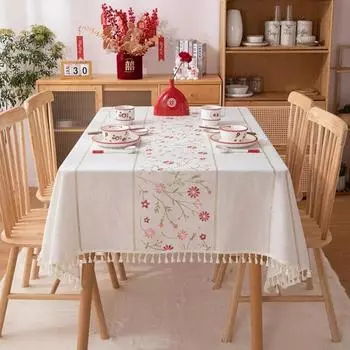 Вышитая прямоугольная скатерть для обеденного стола с кисточкой красного благоприятного облака и персикового цвета 90x90cm