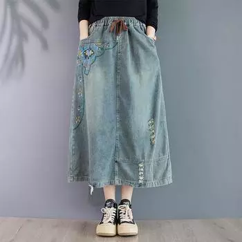 Вышитая ретро-стиранная повседневная большая эластичная талия джинсовая хлопковая женская свободная новая юбка А-образного силуэта L синий