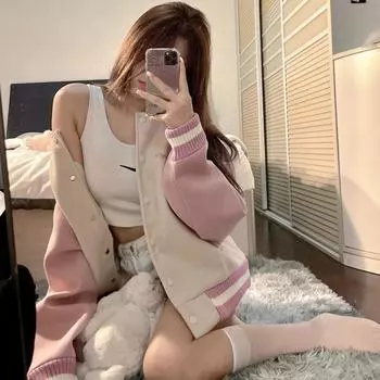 Вышитая розовая бейсбольная майка женская бархатная американская нишевая уличная свободная шерстяная куртка женская ins модный топ M