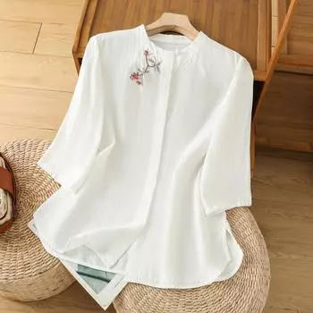 Вышитая рубашка из хлопка и льна, женская, весна-лето 2025, новый дизайн, ретро, свободный топ с круглым вырезом и рукавом семь четвертей M белый