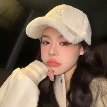 Вышитая шапка из овечьей шерсти с буквами, плюшевая кепка с козырьком, модная зимняя бейсболка, зимняя белый