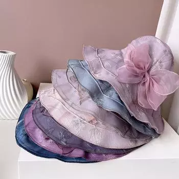 Вышитая шляпа рыбака Guoyun с большим краем, детская летняя солнцезащитная тканевая шляпа, большая бабочка, имитация шелковой шляпы, универсальная шляпа от солнца M56-58cm морской синий
