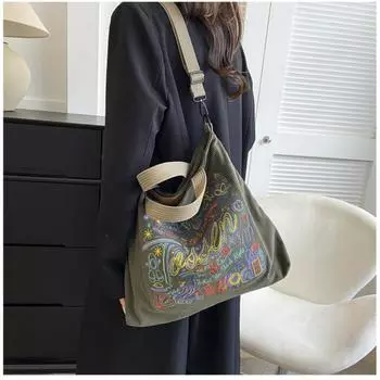 Вышитая сумка для покупок Вельветовая большая сумка Ретро сумка на плечо Женская