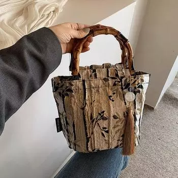 Вышитая сумка-ведро для женщин, традиционная сумка с бамбуковой ручкой, новая мода