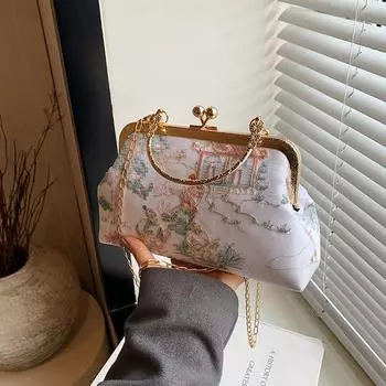 Вышитая сумочка, новый стиль, старинный стиль, ципао, банкетный клатч, цепочка, металлический замок, маленькая квадратная сумка