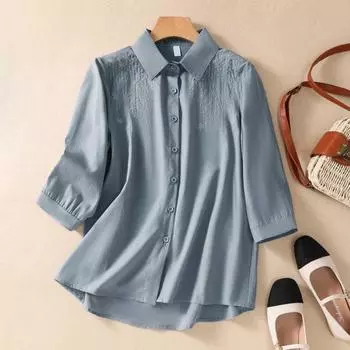 Вышитая свободная рубашка из хлопка и льна, женская художественная ретро-повседневная блузка и рубашка с рукавом семь четвертей, летний топ M зелёный