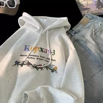 Вышитая толстовка с капюшоном для мужчин на весну и осень, американский стиль, толстовка с капюшоном свободного покроя с длинными рукавами для пар в стиле Хай-стрит для мужчин M