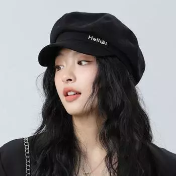 Вышитая восьмиугольная шляпа осень-зима винтажный берет женская кепка газетчика чёрный