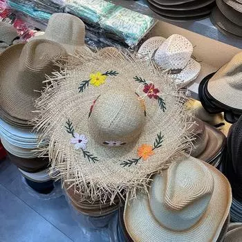 Вышитая вручную женская шляпа из рафии с защитой от солнца, устойчивая к ультрафиолетовому излучению, пляжная шляпа для отдыха, летний прилив average code