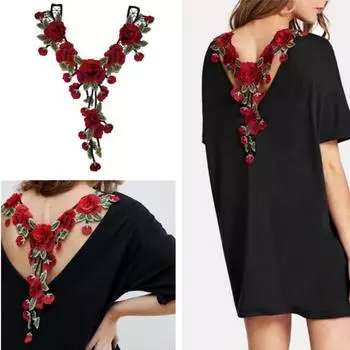 Вышитое красное платье с красными розами и флорой, аппликации, пришитое из кружевной ткани, воротник с вырезом для свадебного украшения, платье «сделай сам»