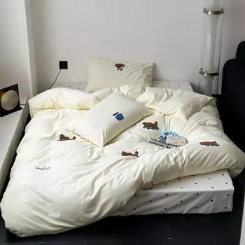 Вышитое мультяшное хлопковое полотенце с вышивкой медведя, комплект из четырех предметов, комплект из трех предметов из чистого хлопка, простыня, пододеяльник 1.2m bed sheet 3pcs