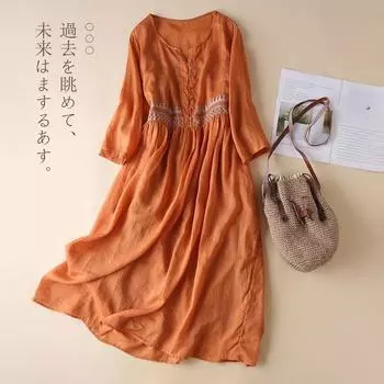 Вышитое платье с вышитыми рукавами и литературным круглым вырезом M оранжевый