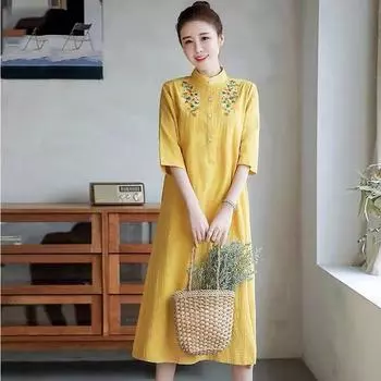 Вышитое платье Свободное женское платье большого размера в китайском стиле 2XL фиолетовый