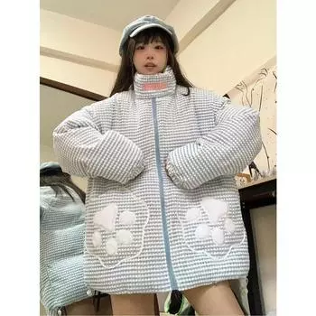 Вышитое стеганое пальто, свободная теплая верхняя одежда на молнии, женская студенческая одежда, толстые зимние куртки/парки/жакеты Y2K Fairycore M хаки