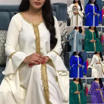 Вышитое золотое кружево мусульманское женское платье Абая с рюшами на рукавах Джалабия Дубайский халат плюс размер Марокканский кафтан Арабские платья S