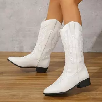 Вышитые белые ковбойские сапоги женские осенние новые ковбойские сапоги на высоком каблуке женские большие размеры 43 с острым носком до середины голени 36 белый