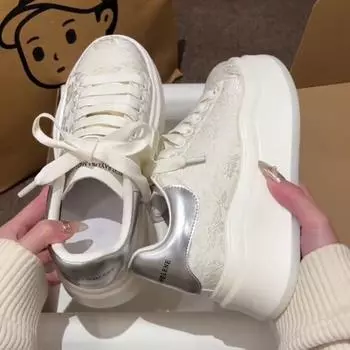 Вышитые белые туфли с принтом, кроссовки, женские, новые, универсальные, повседневные туфли на платформе Muffin, туфли-лодочки 35 чёрный