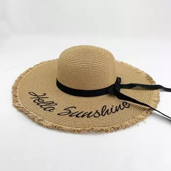 Вышитые буквы Сломанный край Большой карниз Соломенная шляпа Бантик Пляжная солнцезащитная шляпа Портативная складная шляпа знаменитости из Интернета one size fits all серый